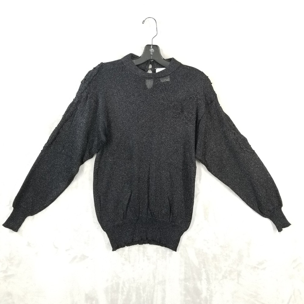 Vtg Sweater Women S Black Metallic Semi Sheer Embroidered High Neck Whimsigoth